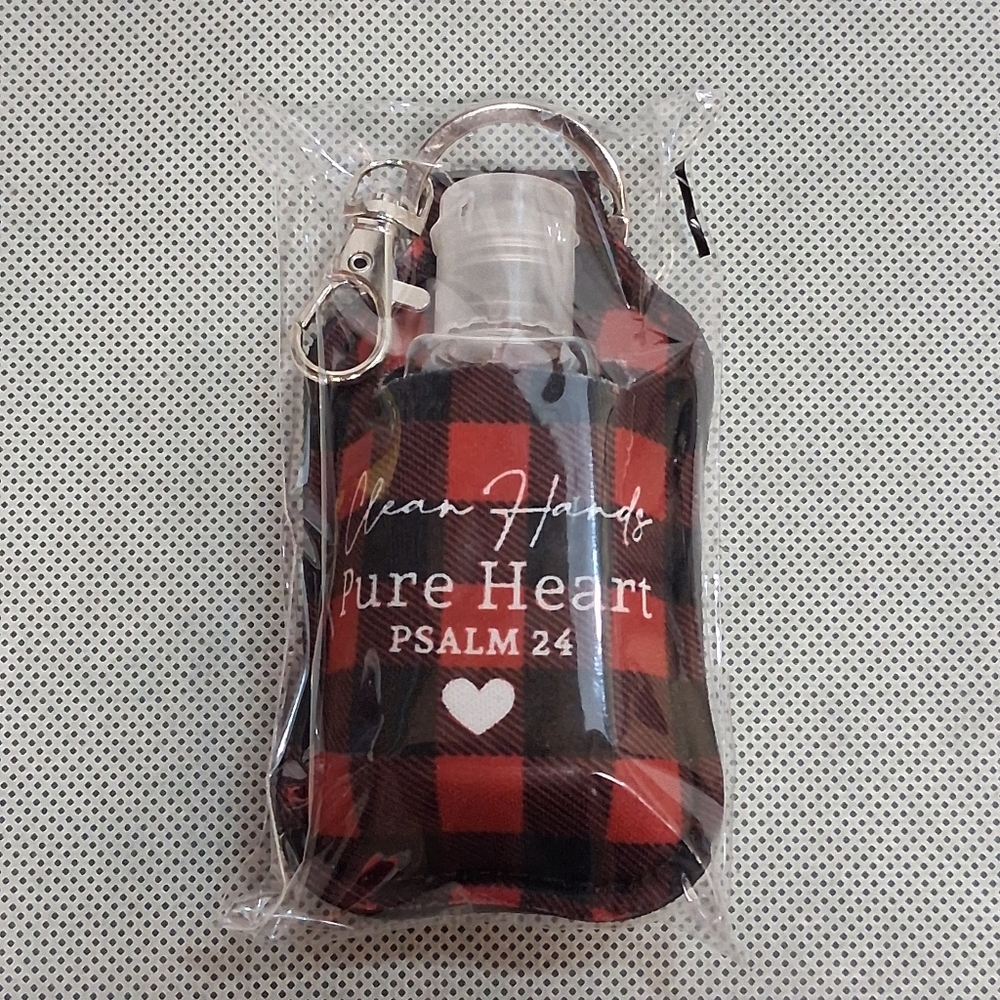 Hand Sanitizer Keychain Bottle Red Plaid Clean Hands Pure Heart Psalm 24 NEW